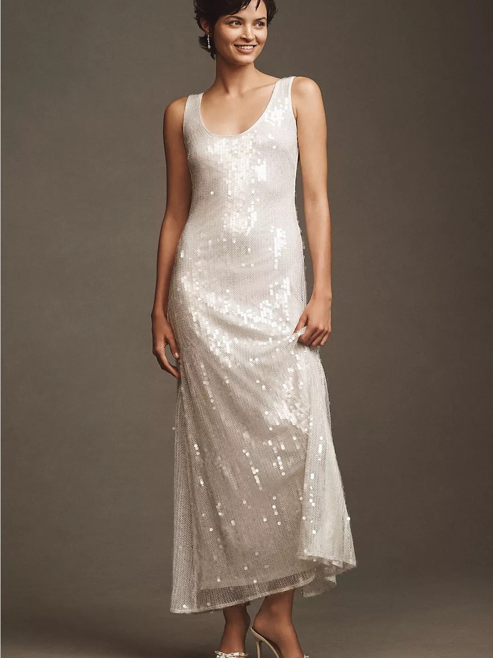 Hutch Sleeveless Scoop-Neck Sequin Column White Maxi Dress BHLDN Bridal XL